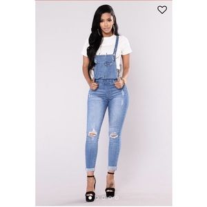 Fashion Nova Medium Wash Denim Overalls